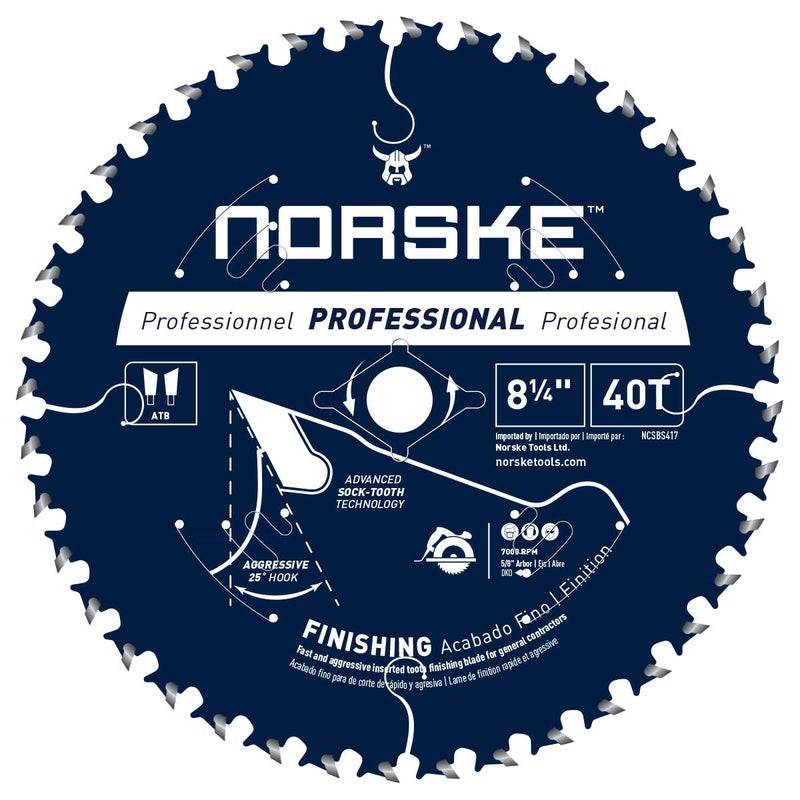 Norske Tools NCSBS417 8-1/4 inch 40T Socktooth Circular Finishing Saw Blade 5/8 inch Bore with Laser Cut Diamond Knockout - Image 1